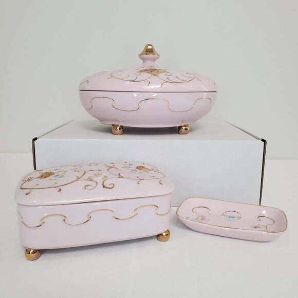 Ardalt Lot of 3 MCM Pink Porcelain Hand Painted Vanity Dish 6228/7 Lenwile China - Picture 3 of 16